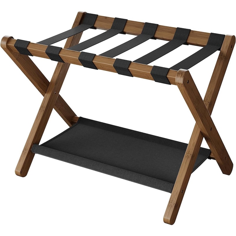 Wood Luggage Rack with Shelf Foldable Suitcase Stand with Nylon Straps for Guest Room or Hotel