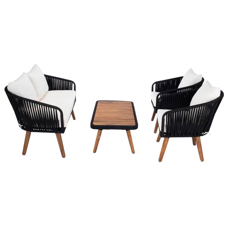 SAFAVIEH Outdoor Amelie 4 Piece Coastal Patio Chat Set - 55W x 31D x 28H