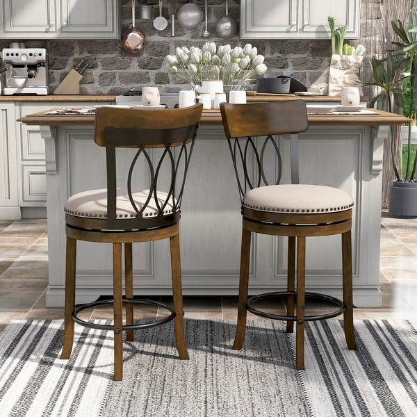 slide 2 of 35, Wynn Contemporary Wood and Fabric Swivel Bar Height Chairs (Set of 2) by Furniture of America Oak - Counter Height - 23-28 in.