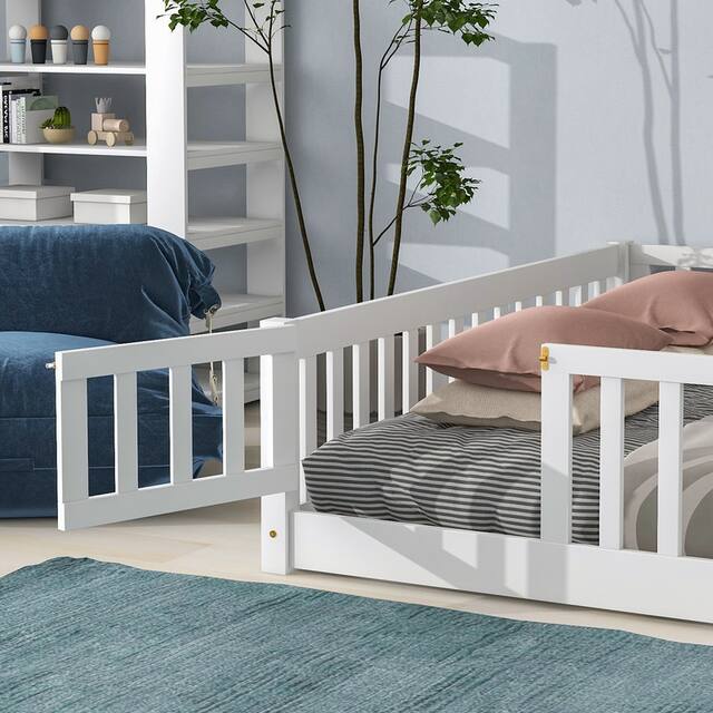 Twin/Full/Queen size Floor Platform Bed with Fence and Door for Kids, Toddlers