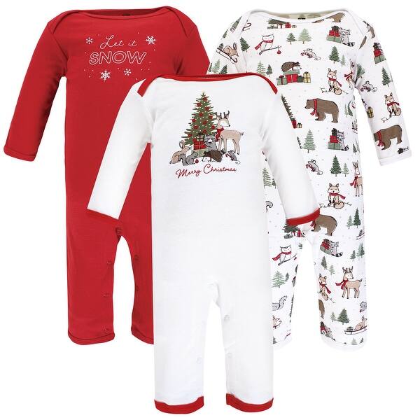 slide 1 of 1, Hudson Baby Unisex Baby Cotton Coveralls, Christmas Forest 0 - 3 Months - White/Red