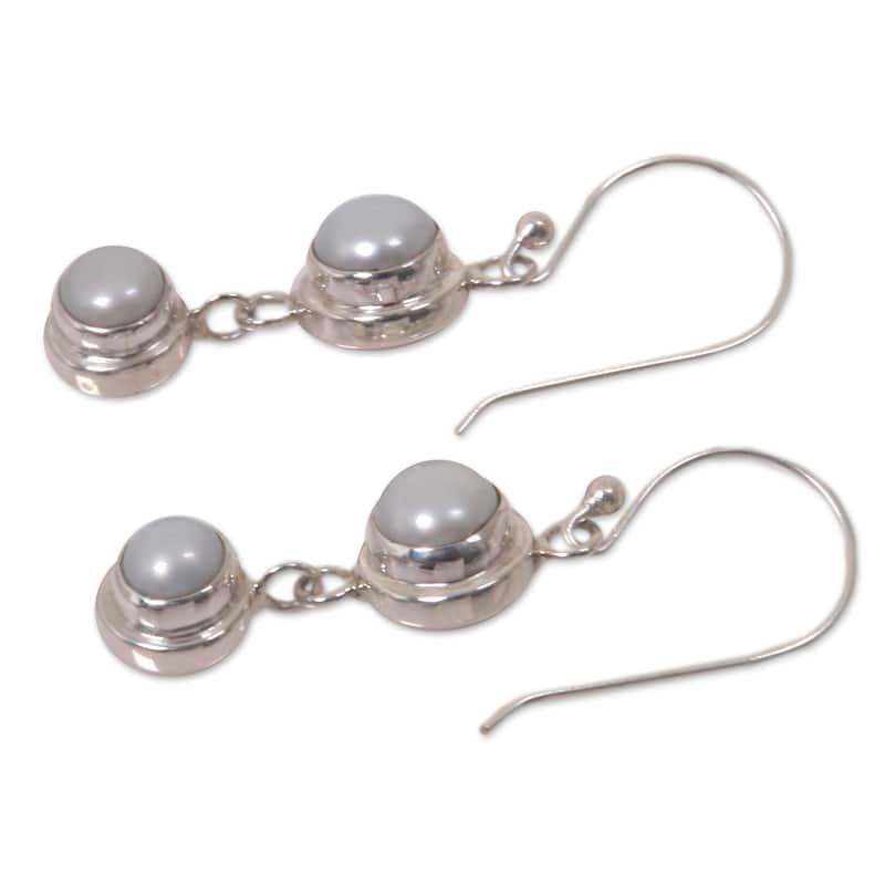 Handmade Two Full Moons Freshwater Pearls Bridal Dangle Earrings (Bali)