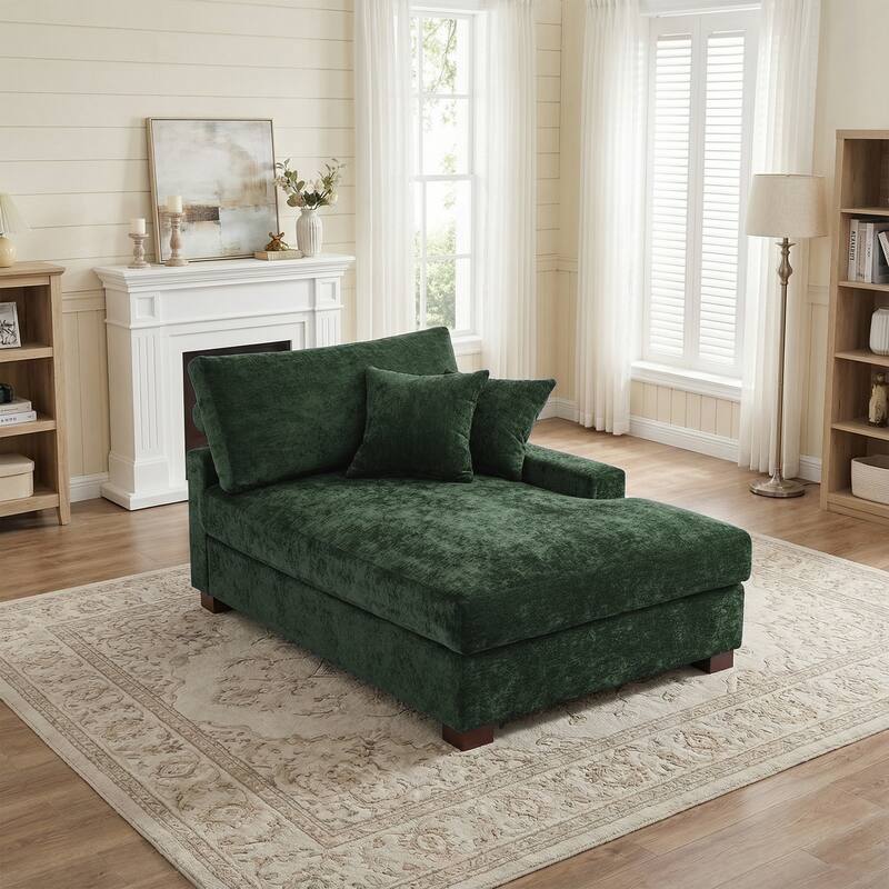 Plush Chenille Single Modular Sectional Sofa Chaise with Pillows - Green-Chaise R - Right Facing
