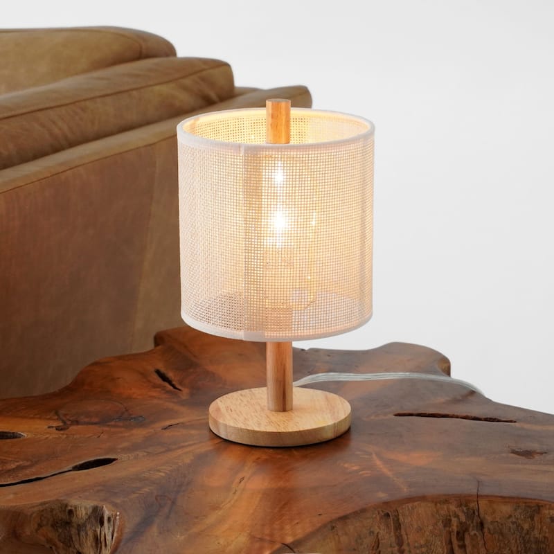 Levio Table Lamp, Natural Oak Wooden Base with Linen Shade 110-120V Paper Rattan Weave Material Wood - Brown