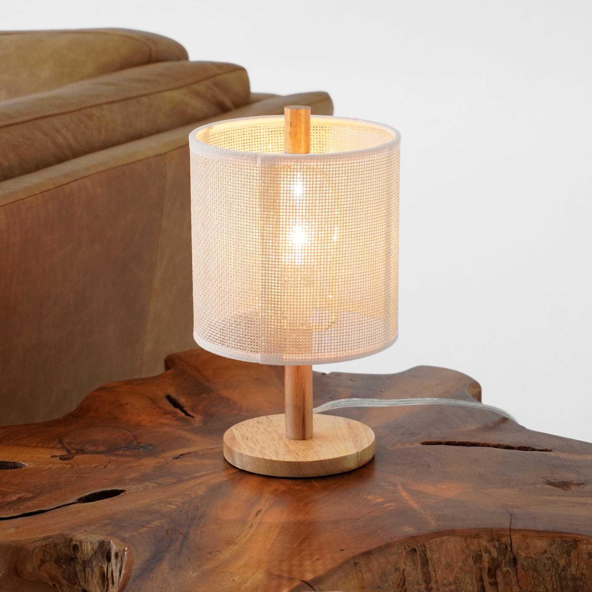 Oak Table Lamp with Linen Shade Rattan Weave 110V Wooden Desk Light for Bedroom Living Room Office Study