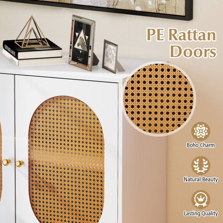 Engineered Wood Buffet Cabinet with PE Rattan Doors and Shelves - 31.5" x 16" x 32"