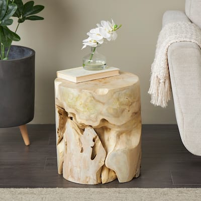 Light Brown Teak Wood Handmade Live Edge Side End Accent Table with Natural Cutouts