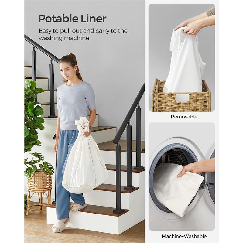 3-Compartment Laundry Bin with Lid and Wheels Large Rattan Hamper with Pull Handle and Pocket - 27.6”L x 14.2”W x 26”H