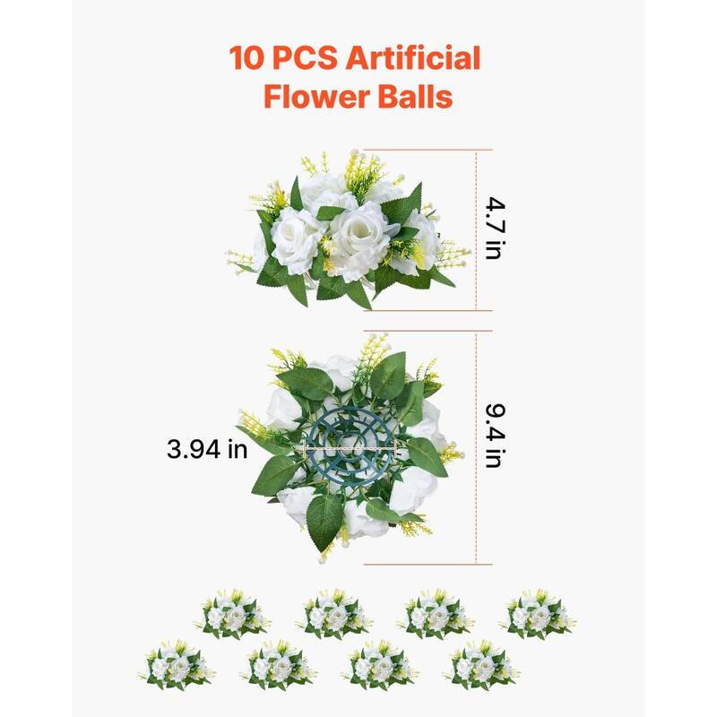 White Silk Rose Flower Balls Set of 10 with Base for Wedding Centerpieces - 9.4 x 9.4 x 4.7 inch