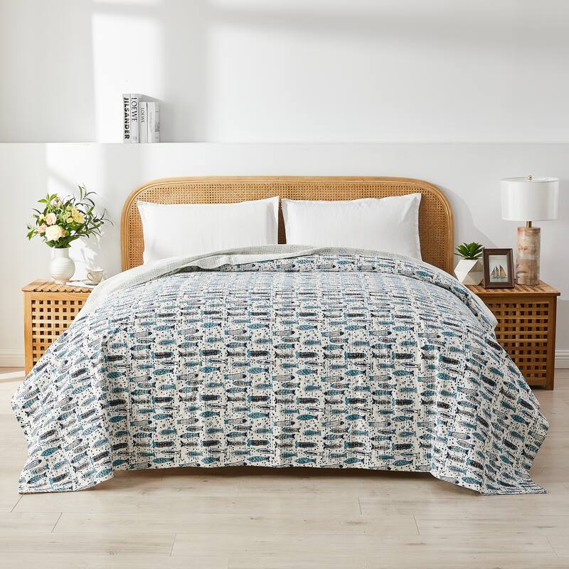 Melange Hand Stitched Kantha Block Print Fish Coverlets and Shams - Coverlet Only - Queen - 1 Piece