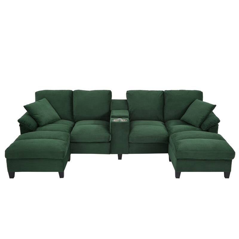 Corduroy Upholstered 4 Seat Sofa, U-shaped Sectional Sofa with Movable Storage Ottomans, Console, Cup Holders and USB Ports