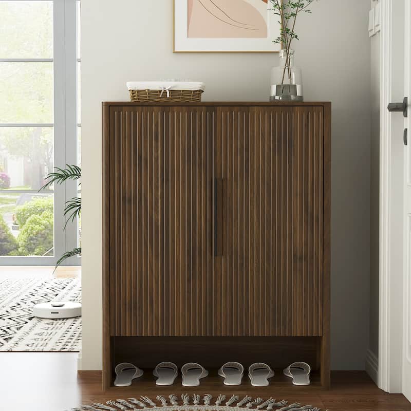 Modern Wooden Shoe Storage Cabinet Organizer with Doors & Adjustable Shelves