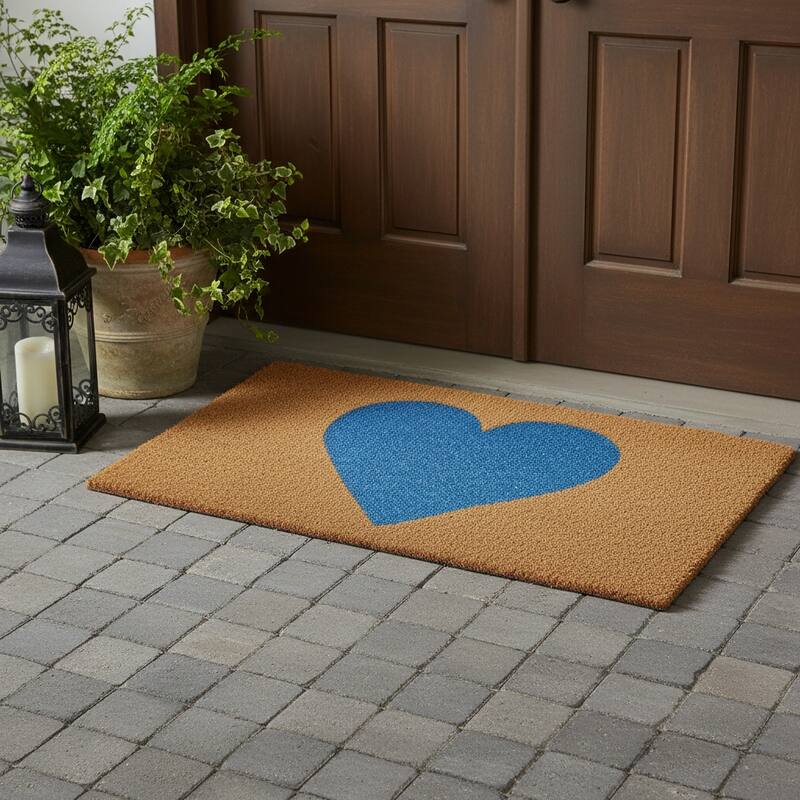 HomeRoots 30" X 48" Brown And Blue Heart Outdoor Coir Door Mat - 30.00' X '48.00 - 30.00' X '48.00