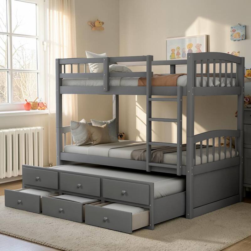 Twin Over Twin Bunk Bed with Trundle and 3 Drawers, Wooden Bunk Bed with Ladder and Safety Rails, Space Saving