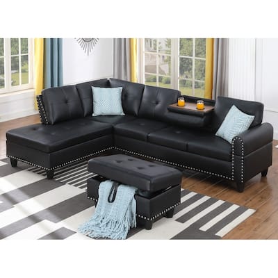Wood Frame Faux Leather Storage Sectional Sofa with Ottoman & Cup Holders