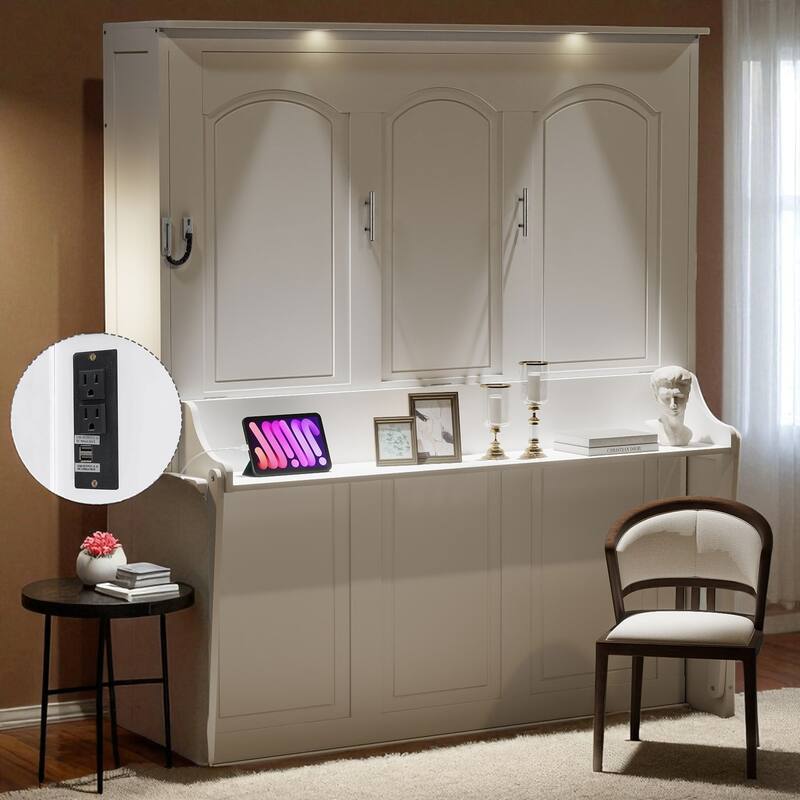 Queen Murphy Wall Bed with Desk, LED Lights & USB, Dual-Piston Lift, 600 lb Capacity, 6-8 in Mattress, No Box Spring