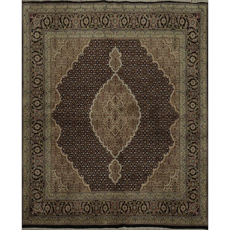 Hand Knotted Oriental 100% Wool Carpet Traditional Floral Black Tabriz-Mahi Area Rug - 6' 7'' X 6' 5''