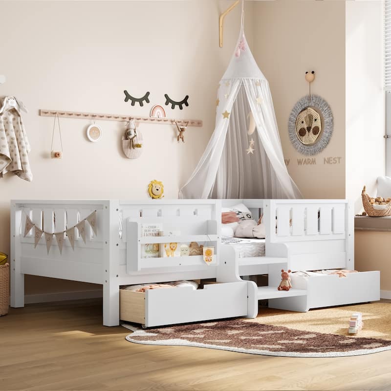 Multiple Colors Toddler Montessori Bed Children's Platform Bed with Low Profile Stairs, Built-in Bookshelf and Storage Drawers