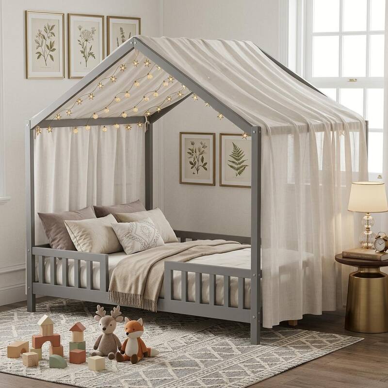 Whimsical Montessori-Inspired Floor Bed with Canopy & Full Safety Rails by Harper&Bright Designs - Grey - Full