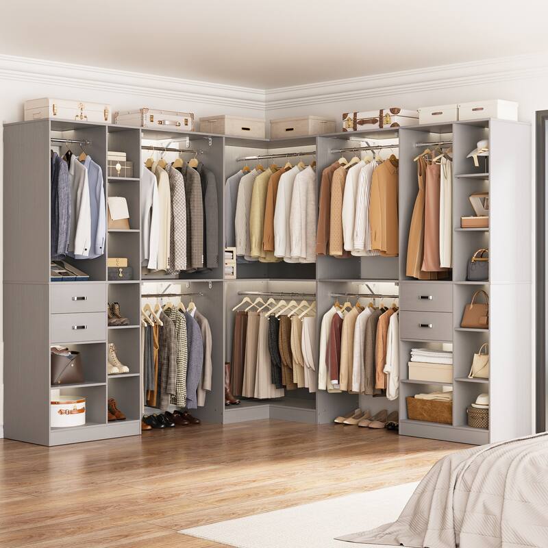 Rackcog 95'' - 188'' Closet System with Hanging Rods, Set of 3 Corner Closet Organizer with Drawers and Shelves - Grey