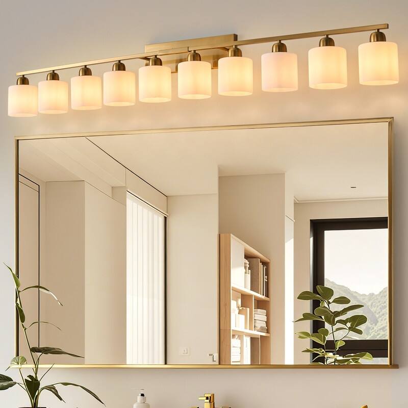Modern Bathroom Vanity Light With Frosted Milk Glass Shades - 10-Lights - Gold