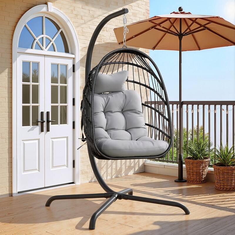 Oversized Wicker Hanging Egg Chair with Stand, Outdoor Indoor Swing Chair with Cushion, 350 lb Capacity