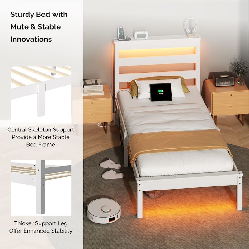 Twin Wood Bed Frame with Charging Station, Lighted Platform Bed, White