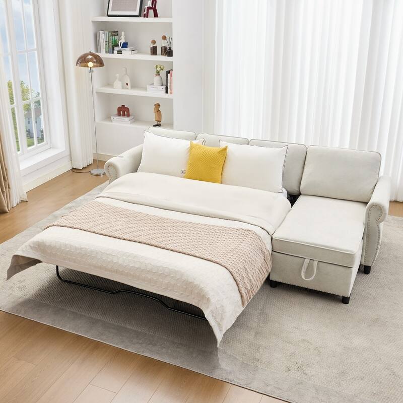 106.5" L-Shaped Flannelette Sectional Sofa with Pull-Out Bed