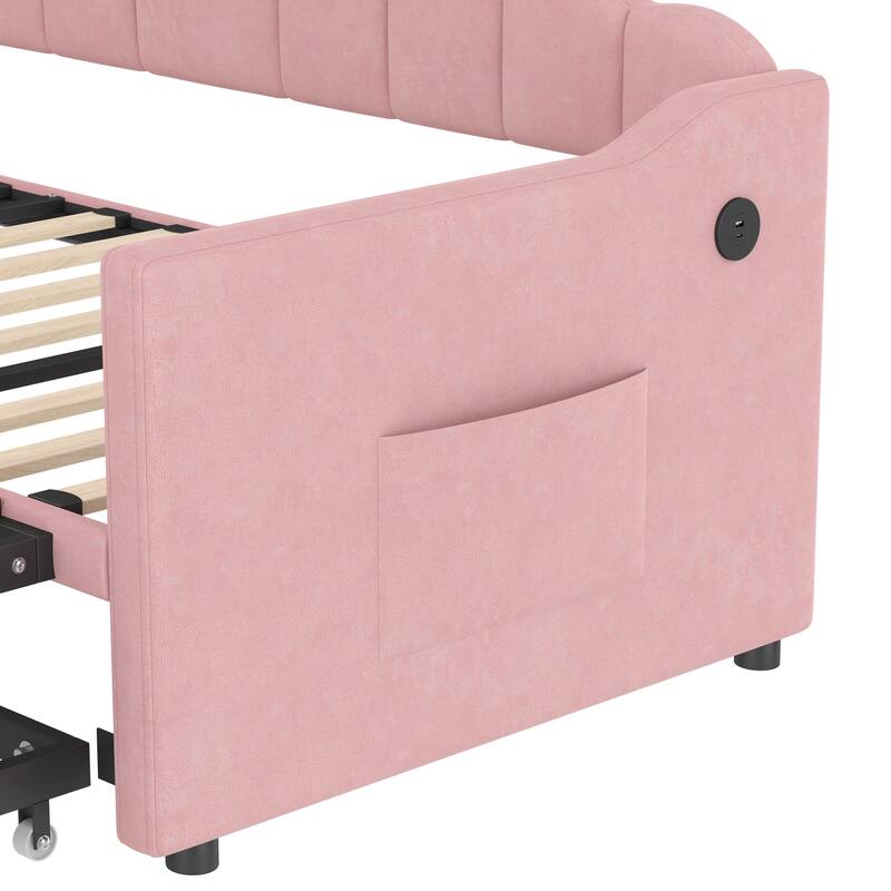 Upholstered Twin Size Daybed with Adjustable Height Pop Up Trundle Twin Bed and USB & Type-C Charging Port, Day Bed Frame