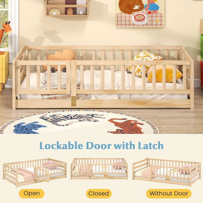 Gymax Twin Size Floor Bed w/High Fence & Door Safety Guardrails Wood