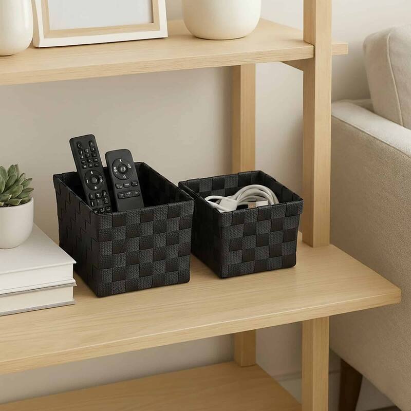 Checkered Woven Strap Storage Baskets (Set of 3) - 7.8 L x 5.3 W x 4.2 H