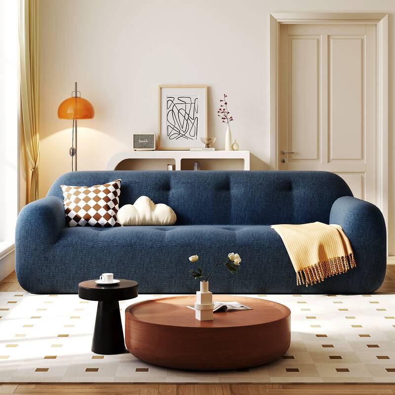 Chenille Fabric 3-Seater Sofa with Tufted Style and Full Sponge Compression Design - Navy Blue