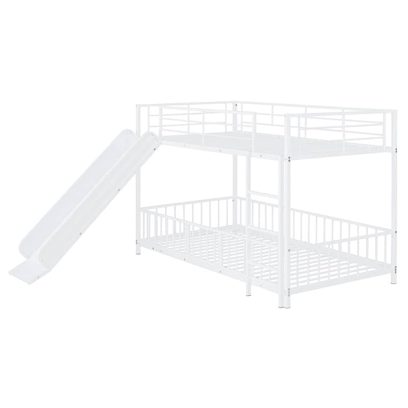 Twin over Twin Metal Bunk Bed with Slide, Guardrails & Convertible Loft Design - White