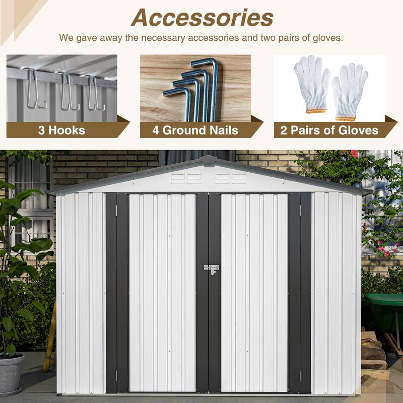 8'x6' Metal Outdoor Storage Shed with 2 Lockable Doors - 8 x 6 ft
