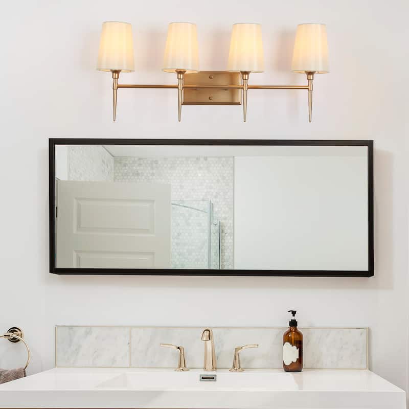 Barr Mid-Century Modern Gold 4-Light Bathroom Vanity Lights Fabric Wall Sconces - W 29" x D 6.5" x H 12"