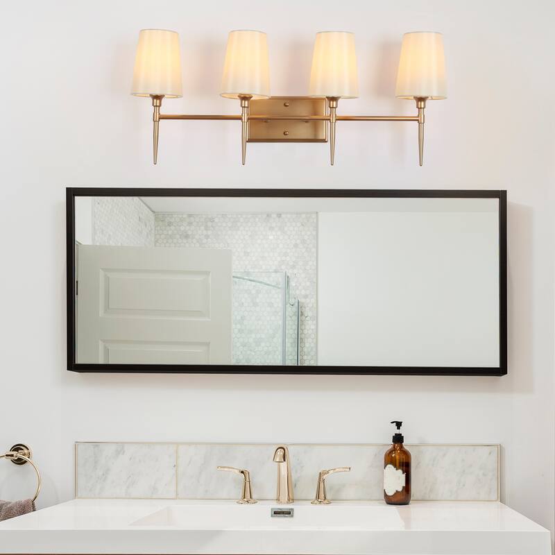 Barr MidCentury Modern Gold 4Light Fabric Shade Bathroom Vanity Light