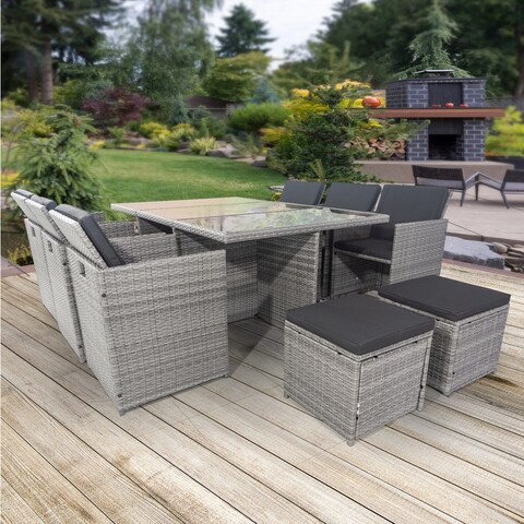 11 Pieces Patio Dining Sets Outdoor Rattan Conversation Set with Glass Table, Armchairs and Ottomans