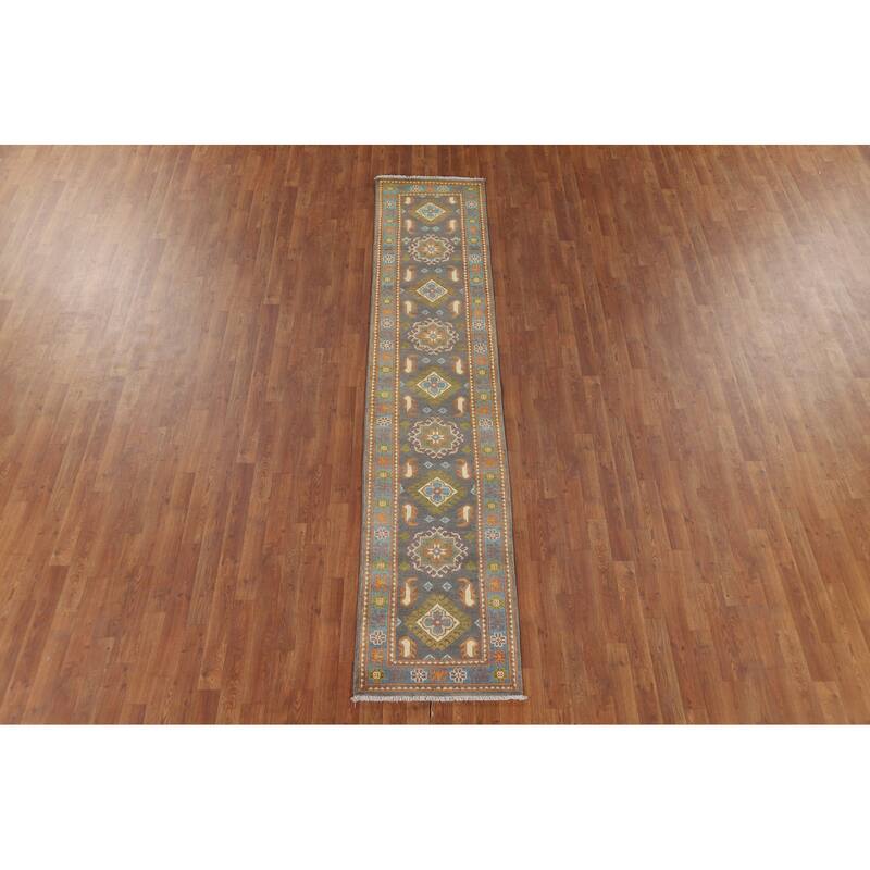 Gray Geometric Kazak Oriental Runner Rug Handmade Grey Wool Carpet - 2'1" x 10'1"
