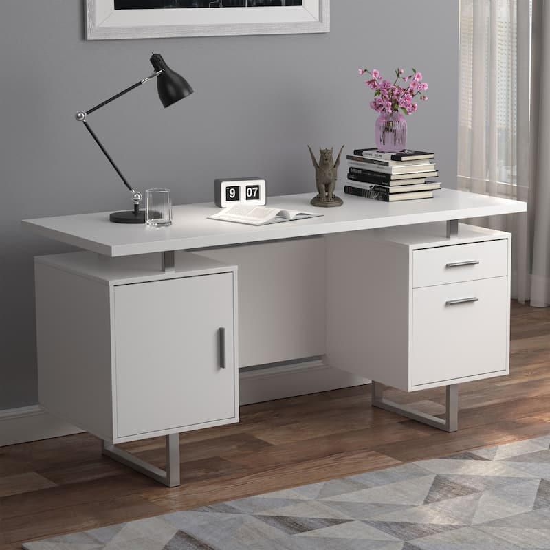 GDFStudio - Harper Modern High Gloss Computer Desk with Two Drawers, Sled Legs, and Efficient Storage Solutions - White