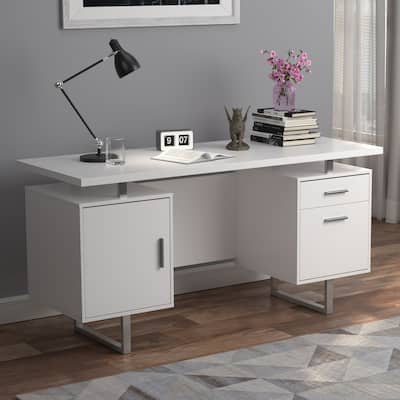 GDFStudio - Harper Modern High Gloss Computer Desk with Two Drawers, Sled Legs, and Efficient Storage Solutions