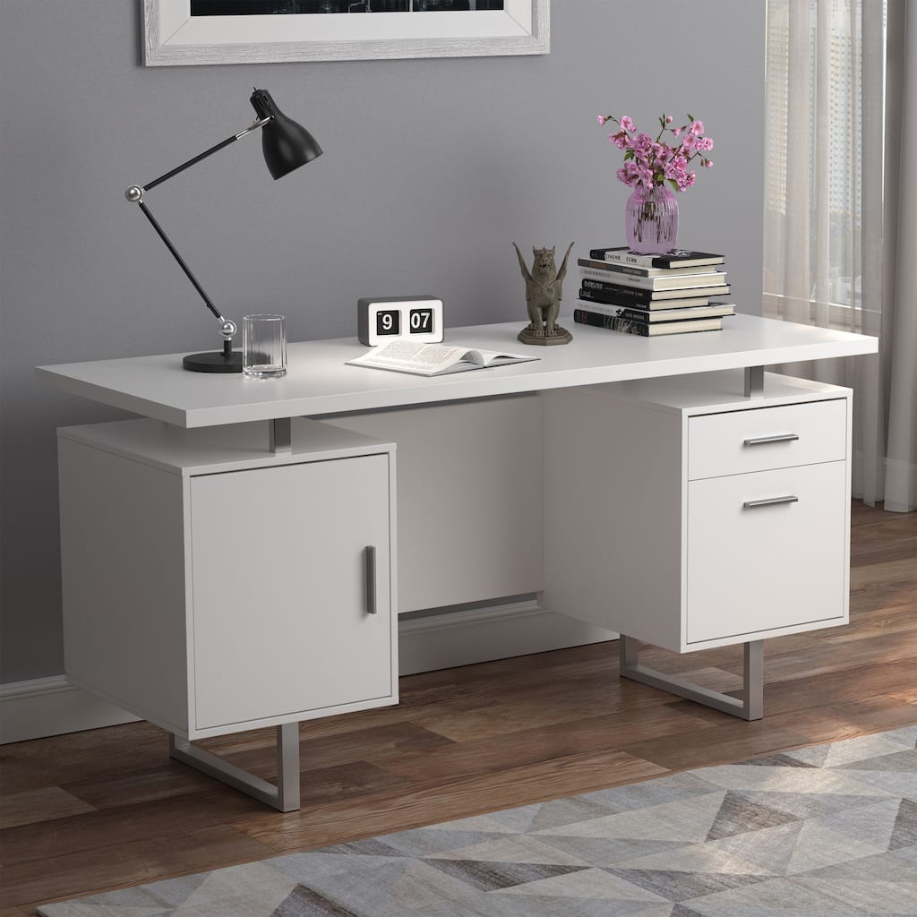 GDFStudio - Harper Modern High Gloss Computer Desk with Two Drawers, Sled Legs, and Efficient Storage Solutions