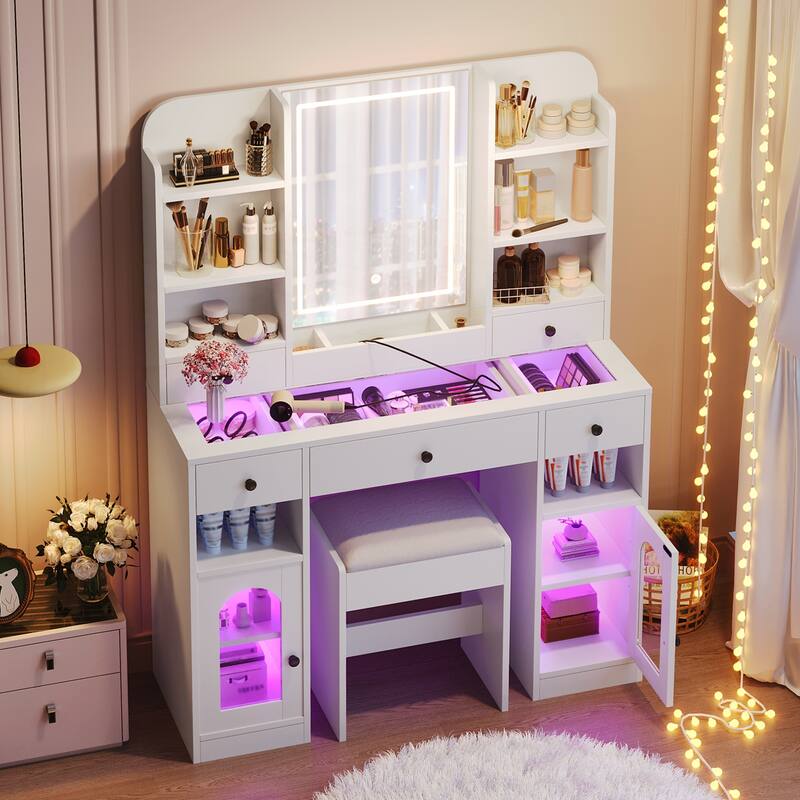 43.2" Vanity Desk with LED Mirror and Lights
