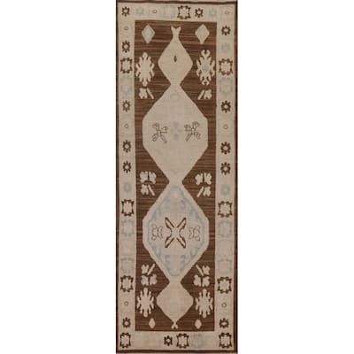 Geometric Oushak Turkish Runner Rug Handmade Wool Carpet - 2'10"x 9'1"