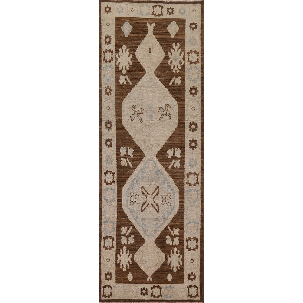 Geometric Oushak Turkish Runner Rug Handmade Wool Carpet - 2'10"x 9'1"