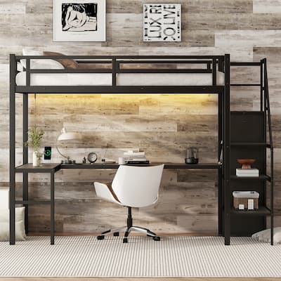 Heavy Duty Metal Loft Bed with L Shaped Desk and Charging Station, LED High Loftbed Frame with Built In Wardrobe