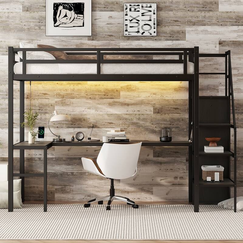 Twin XL Size Loft Bed with L-shaped Desk and USB, Metal Loft Bed with Wardrobe and Adjustable Shelf, Black