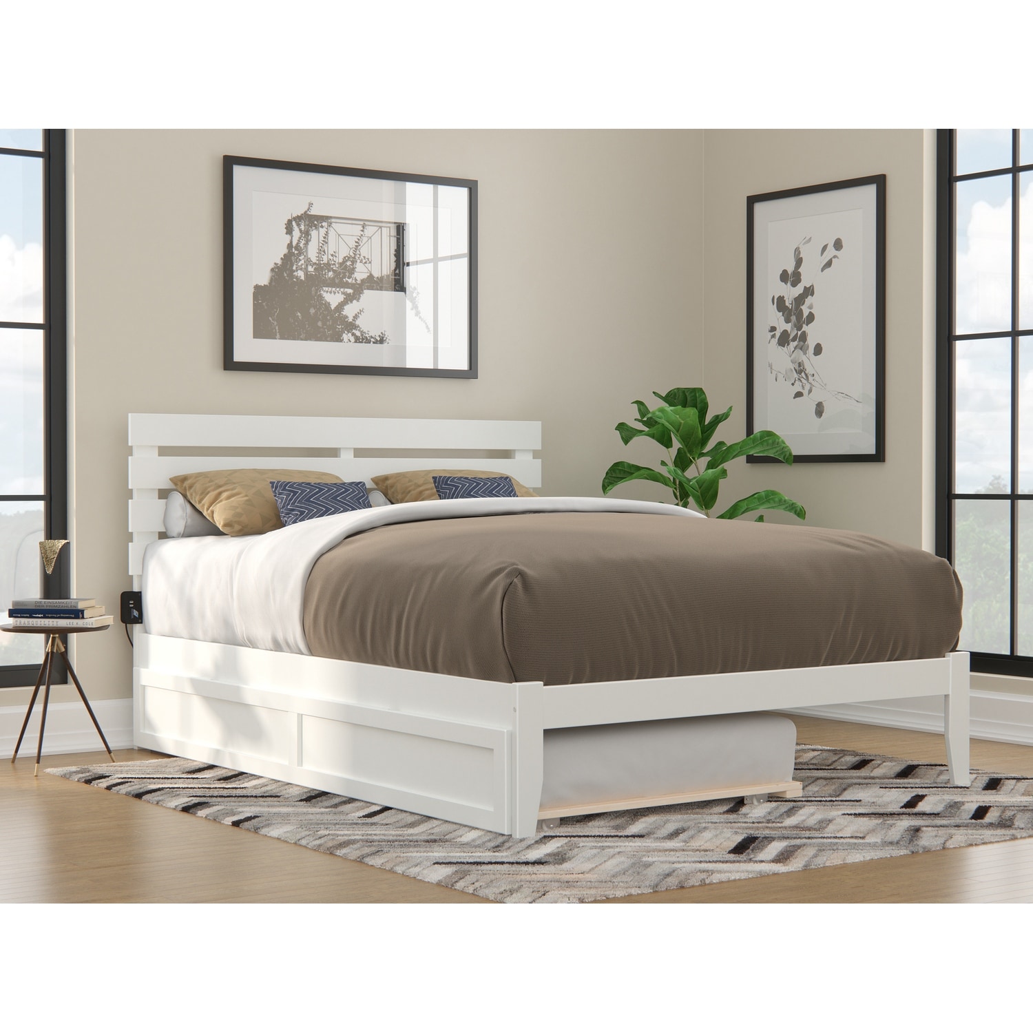 Twin XL Platform Bed with Trundle & USB Charger - White Modern Bed Frame