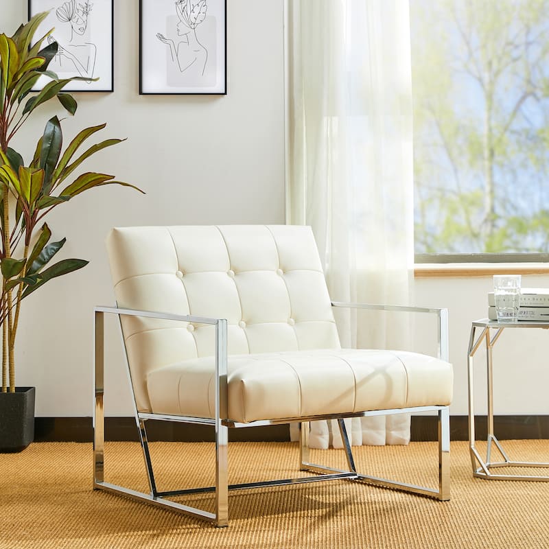 Glitzhome 29.50"W Mid-Century PU Leather Tufted Accent Chair - 29.5"W x 30.5"H x 29.25"D - Cream-Chrome Frame