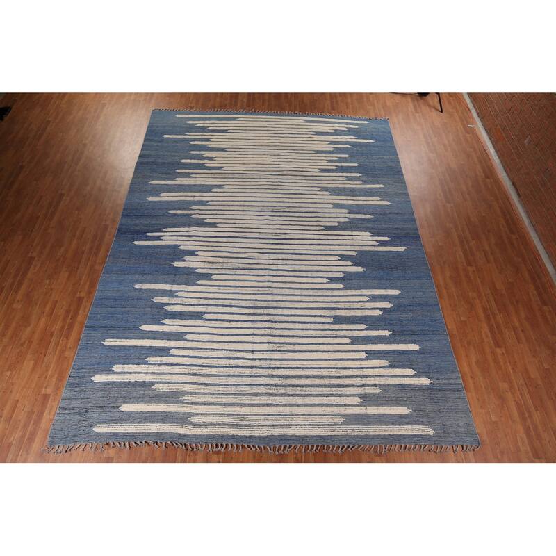 Striped Moroccan Modern Large Area Rug Hand-Knotted Wool Carpet - 11'9"x 15'8"