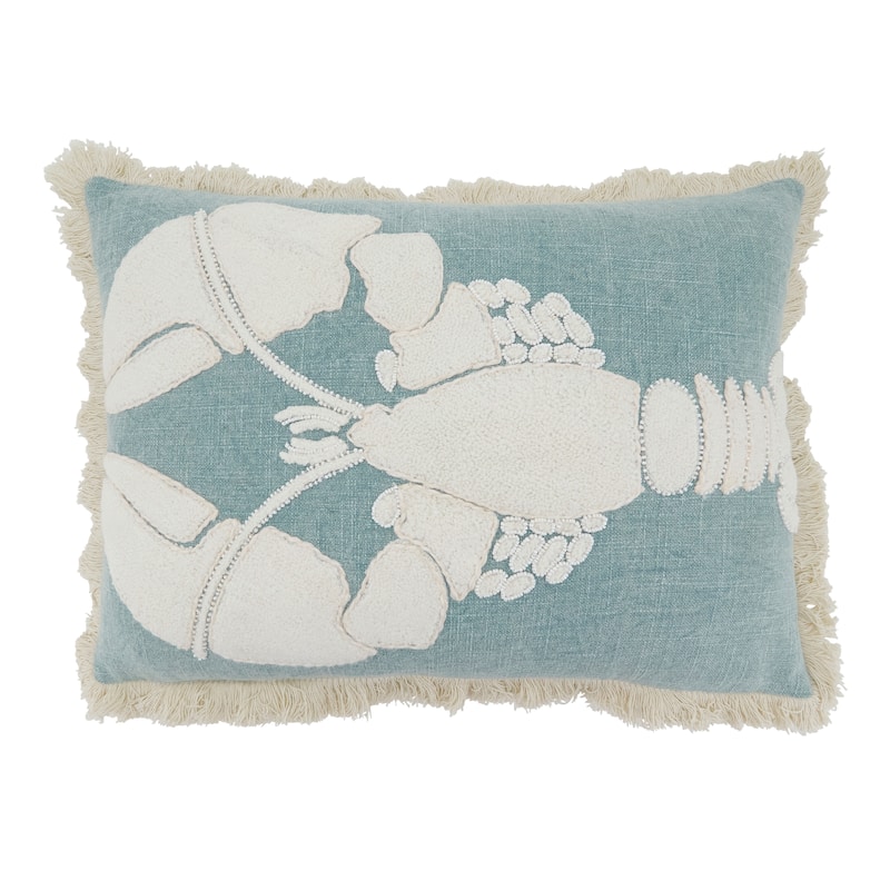Embroidered Lobster Fringe Cotton Throw Pillow - Coastal Lobster Design for Sofa, Bed & Accent Styling, 14"x20" - Blue-Grey - 14"x20" - Polyester